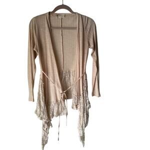 A’Reve Beige Open Knit Lace Hem Cardigan Boho Cottagecore Ruffle Coquette Size M